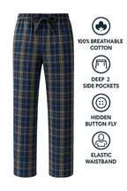 Blue Plaid men’s lightweight summer cotton lounge pants — cotton fabric, waistband, pocket and button-fly details