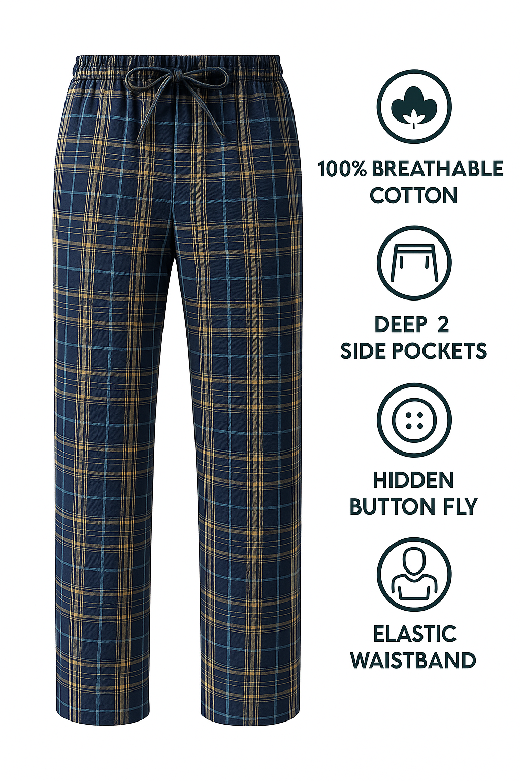 Blue Plaid men’s lightweight summer cotton lounge pants — cotton fabric, waistband, pocket and button-fly details