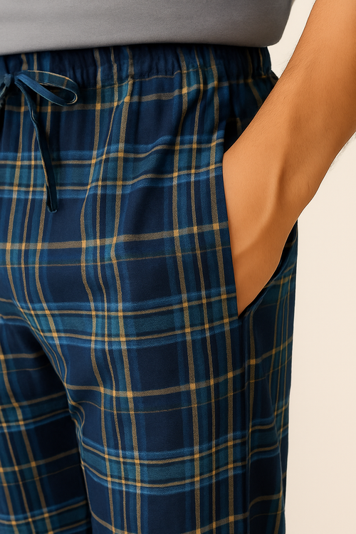 Blue Plaid men’s lightweight summer cotton lounge pants — pocket and relaxed-fit detail