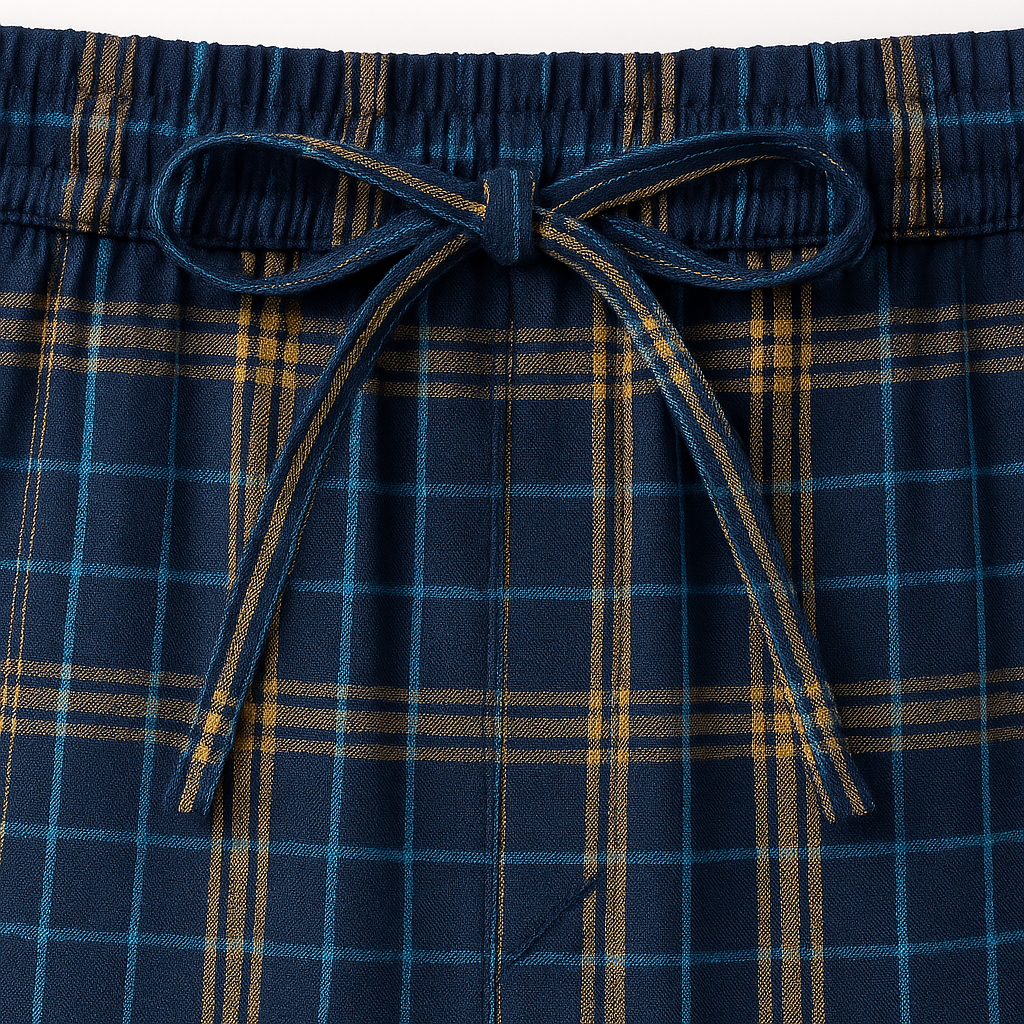 Blue Plaid men’s lightweight summer cotton lounge pants — elastic waistband and adjustable drawstring detail