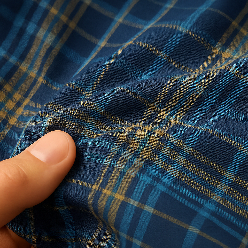 Blue Plaid men’s lightweight summer cotton lounge pants — woven plaid fabric close-up