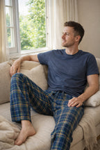 Blue Plaid men’s lightweight summer cotton lounge pants — worn lounge styling