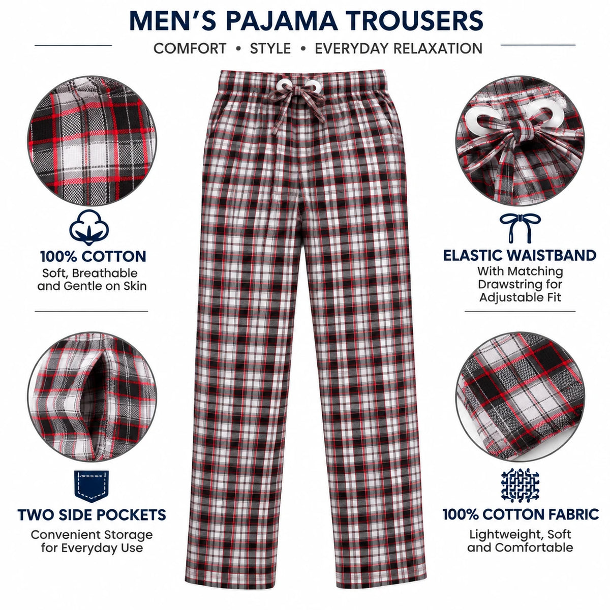 Capra Falcon men’s Burgundy and Grey plaid cotton pajama pants — fabric and feature infographic
