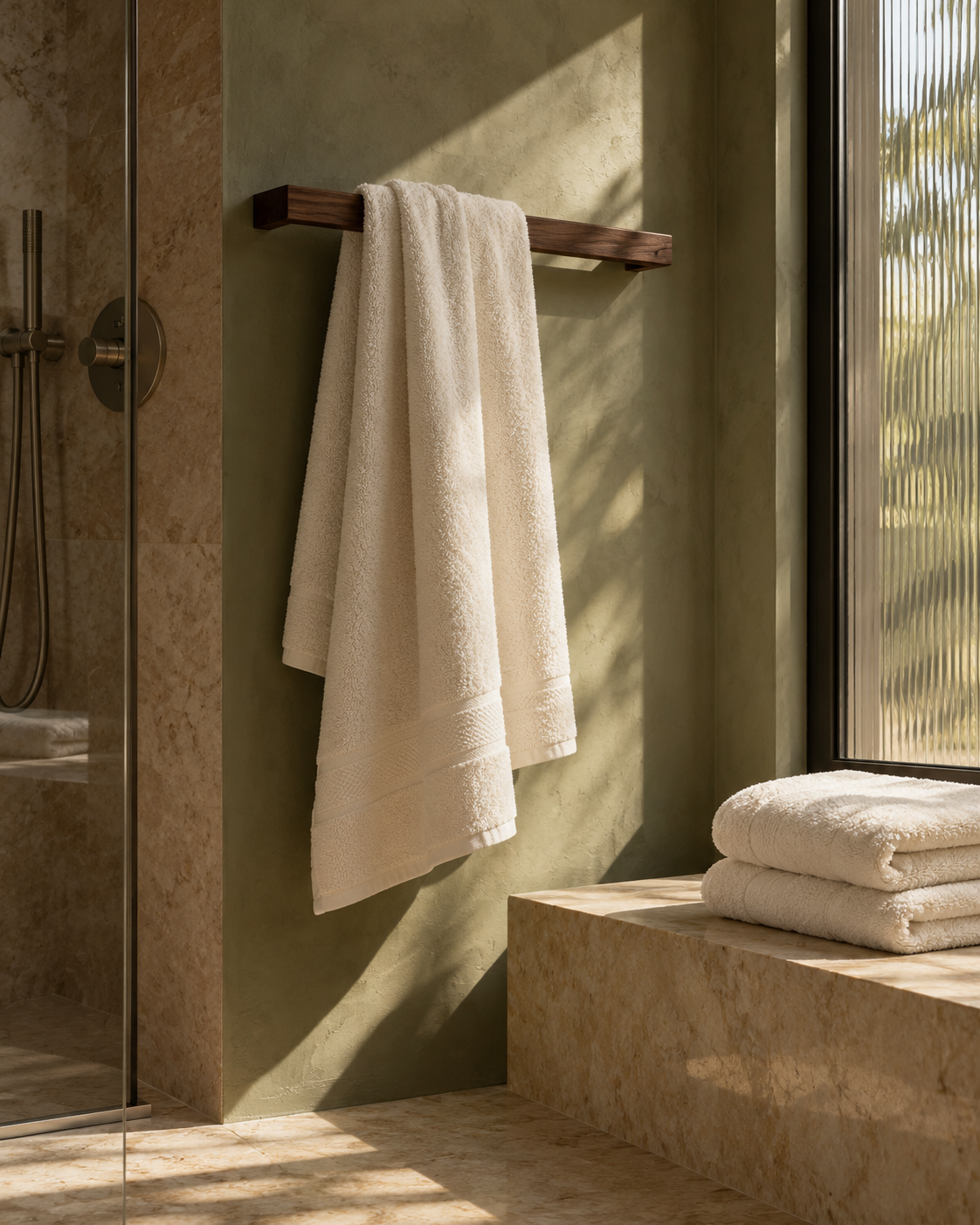 Concept bathroom with bath textiles in a warm residential interior