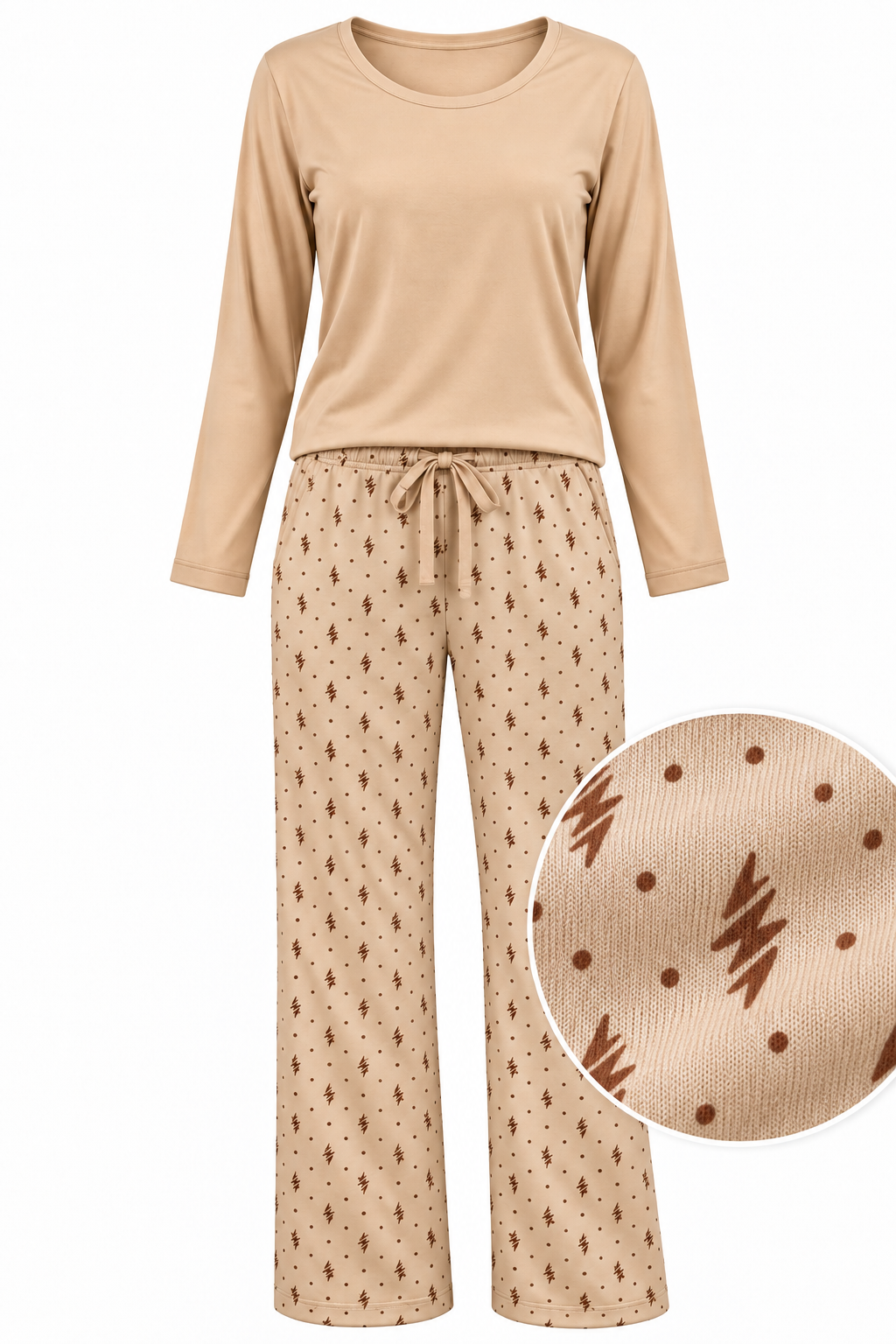 Beige women’s stretch-knit pajama set — solid long-sleeve top and printed trousers, front view with printed fabric detail