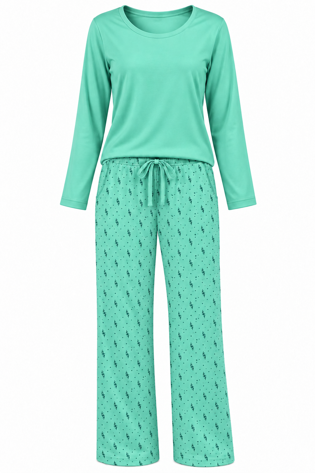 Mint women’s stretch-knit pajama set — solid long-sleeve top and printed trousers, front view