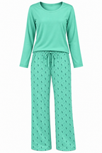 Mint women’s stretch-knit pajama set — solid long-sleeve top and printed trousers, front view