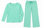 Mint women’s stretch-knit pajama set — solid long-sleeve top and printed trousers, top and trousers laid flat