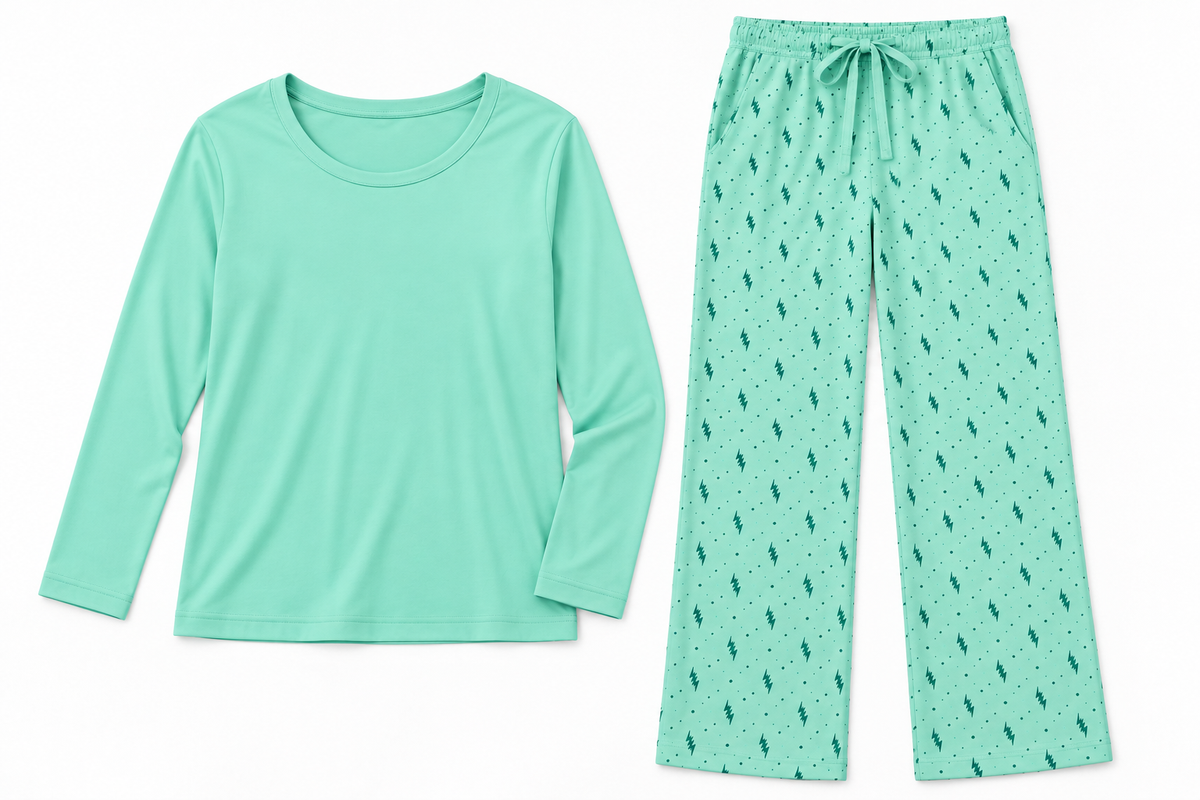 Mint women’s stretch-knit pajama set — solid long-sleeve top and printed trousers, top and trousers laid flat