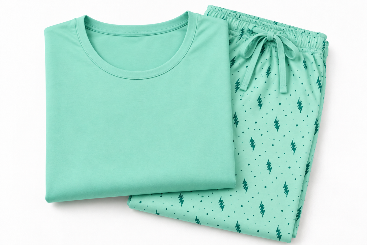 Mint women’s stretch-knit pajama set — solid long-sleeve top and printed trousers, folded set