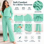 Mint women’s stretch-knit pajama set — solid long-sleeve top and printed trousers, fabric and construction feature guide