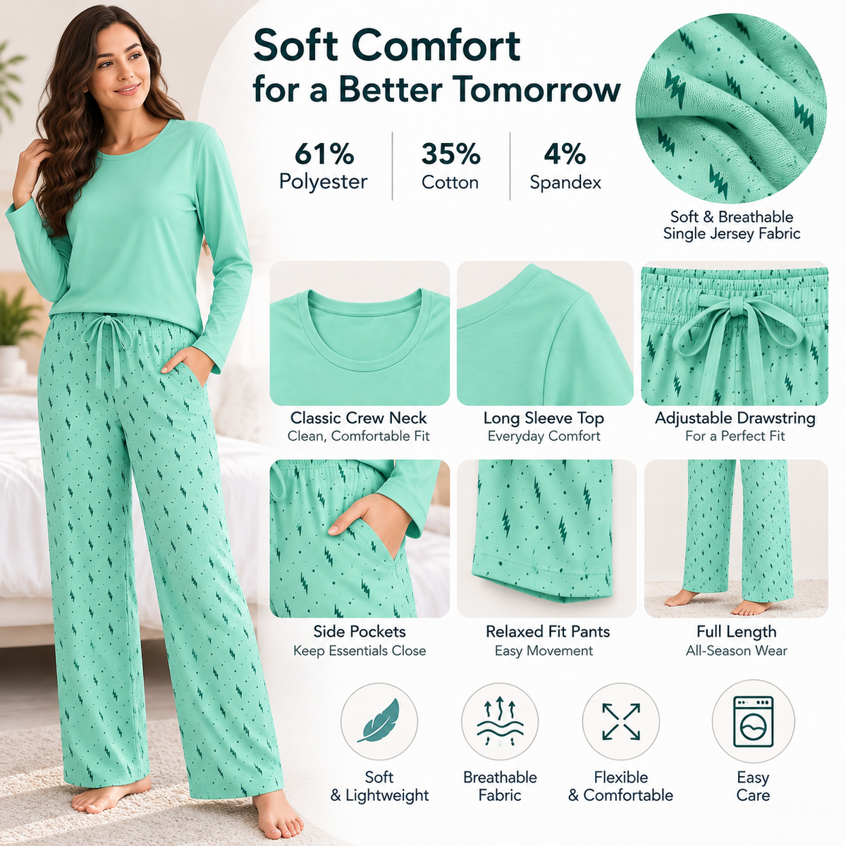 Mint women’s stretch-knit pajama set — solid long-sleeve top and printed trousers, fabric and construction feature guide