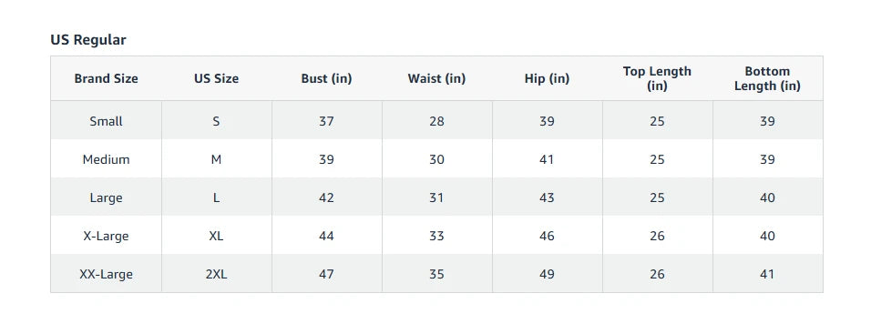 Women’s pajama set size chart in inches, Small through XXL